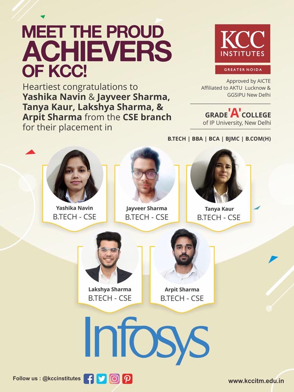 Yashika Navin, Jayveer Sharma, Tanya Kaur, Lakshya Sharma and Arpit Sharma from Btech CSE Branch placed in Infosys