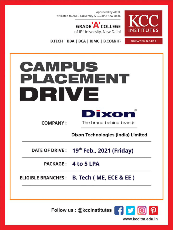 Campus Placement Drive for Dixon Technologies India Limited on 19th Feb 2021