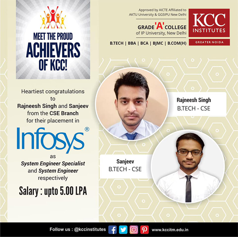Congratulations Rajneesh Singh and Sanjeev from Btech (CSE) Branch for getting placed in Infosys