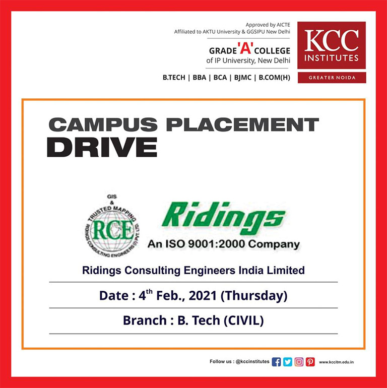 Campus Placement Drive for Ridings Consulting Engineers India Limited on 4th February 2021