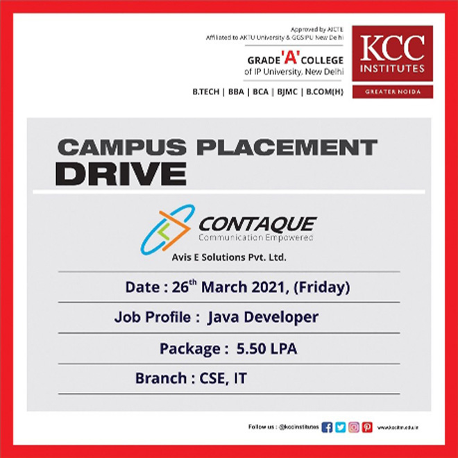 Campus Placement Drive for (CONTAQUE) Avis E Solution Pvt. Ltd. on 26th March 2021 