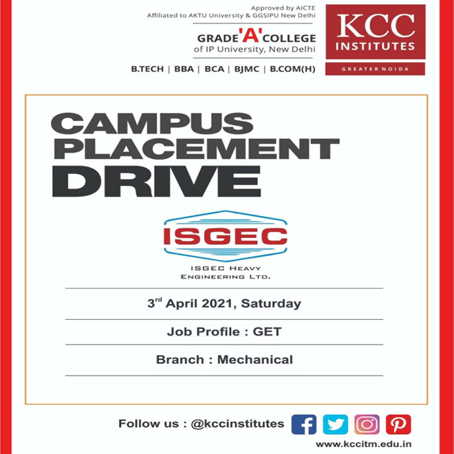 Campus Placement Drive for Isgec Heavy Engineering Ltd. on 03rd April 2021.