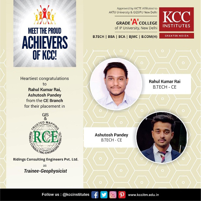 Congratulations to Rahul Kumar Rai and Ashutosh Pandey from Btech CE Branch for getting placed in Ridings Consulting Engineers Pvt. Ltd. as Trainee-Geophysicist.
