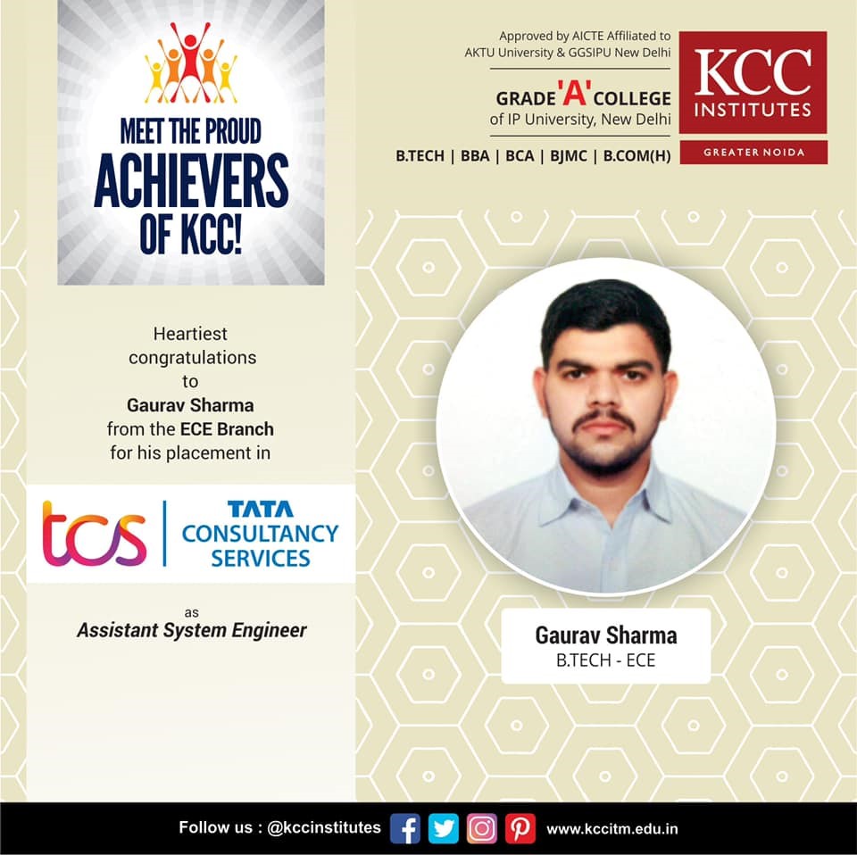 Congratulations to Gaurav Sharma from Btech ECE Branch for getting placed in TATA CONSULTANCY SERVICES as Assistant System Engineer.