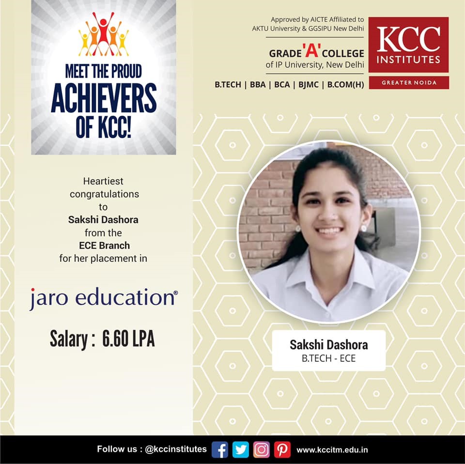Congratulations Sakshi Dashora from Btech ECE Branch for getting placed in Jaro Education .