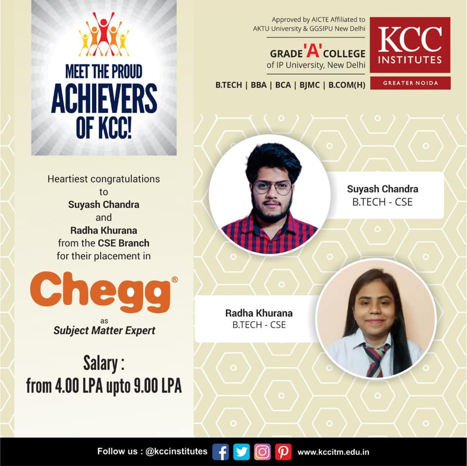 Congratulations to Suyash Chandra and Radha Khurana from Btech CSE Branch for getting placed in  Chegg as Subject Matter Expert.