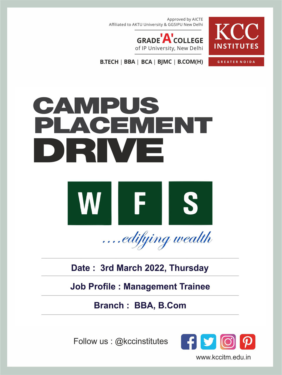 Campus Placement Drive for WFS (Wise Finserv) on 3rd March 2022 (Thursday)