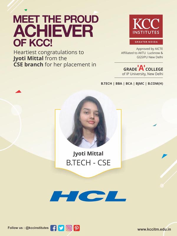 Jyoti Mittal from Btech CSE Branch placed in HCL Technologies