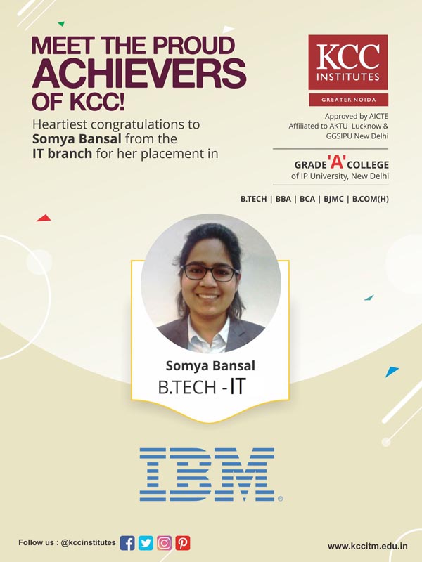 Somya Bansal from Btech IT Branch placed in IBM