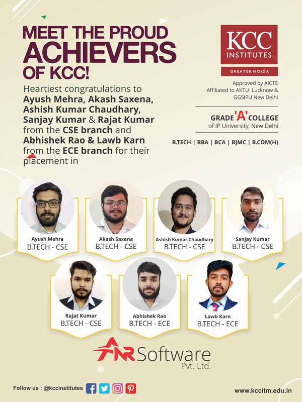 Ayush Mehra, Akash Saxena, Ashish Kumar Chaudhary, Sanjay Kumar, Rajat Kumar from Computer Science Department and Abhishek Rao and Lawb Karn from Electronics and Communication Engineering Department placed at ANR Software Pvt. Ltd.