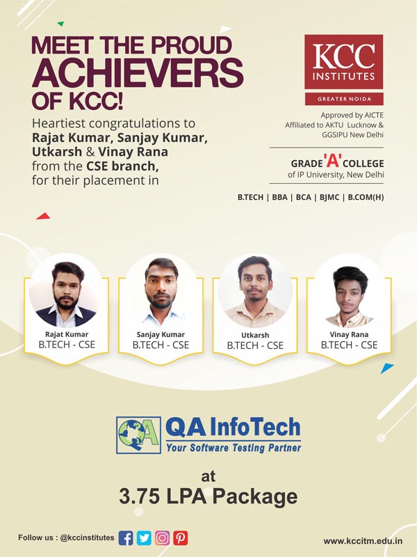 Rajat Kumar, Vinay Rana, Utkarsh, Sanjay Kumar from Computer Science Department Placed in QA Infotech