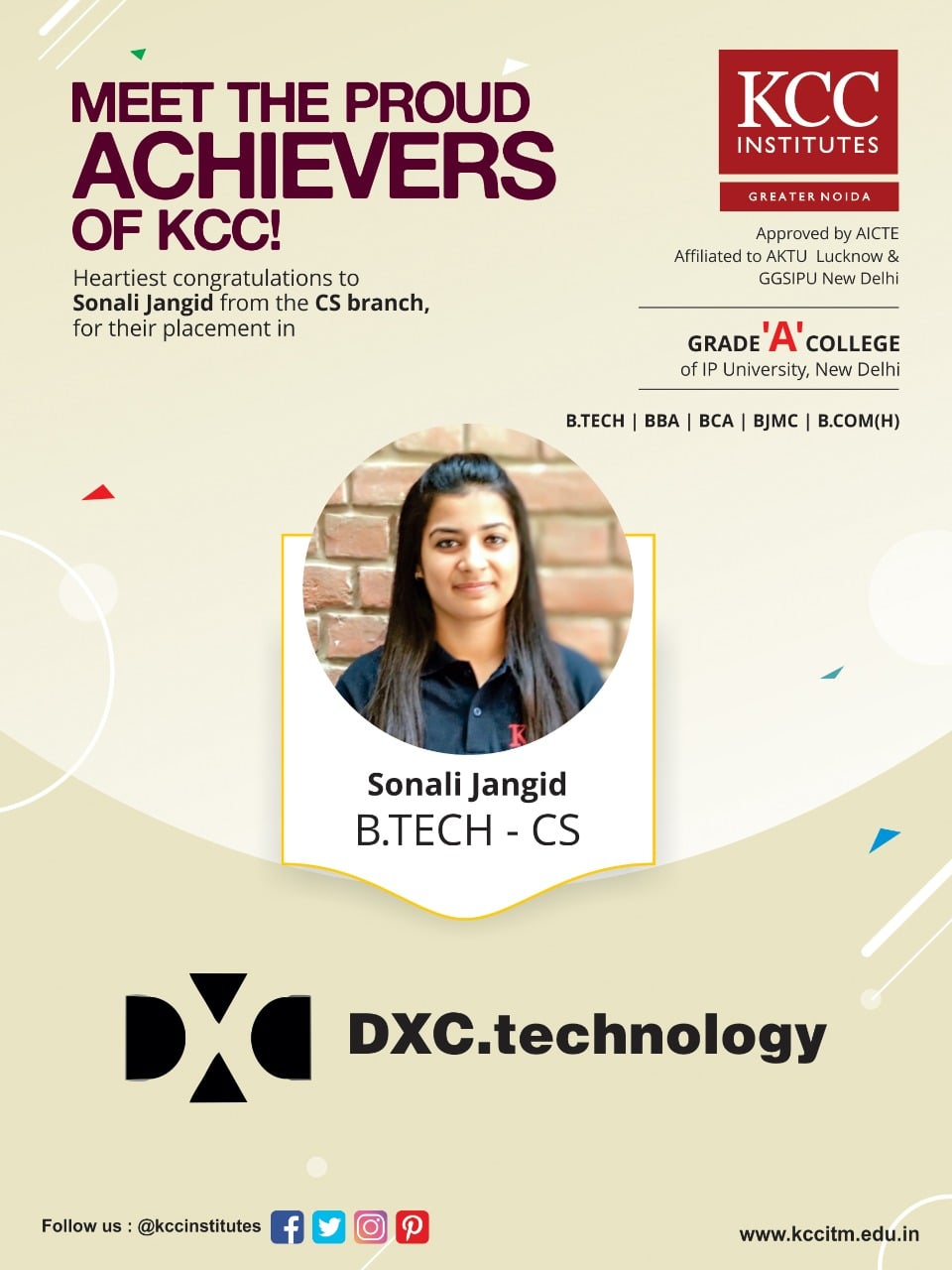 Congratulations Sonali Jangid from B.Tech CSE Branch for getting placed in DXC.technology