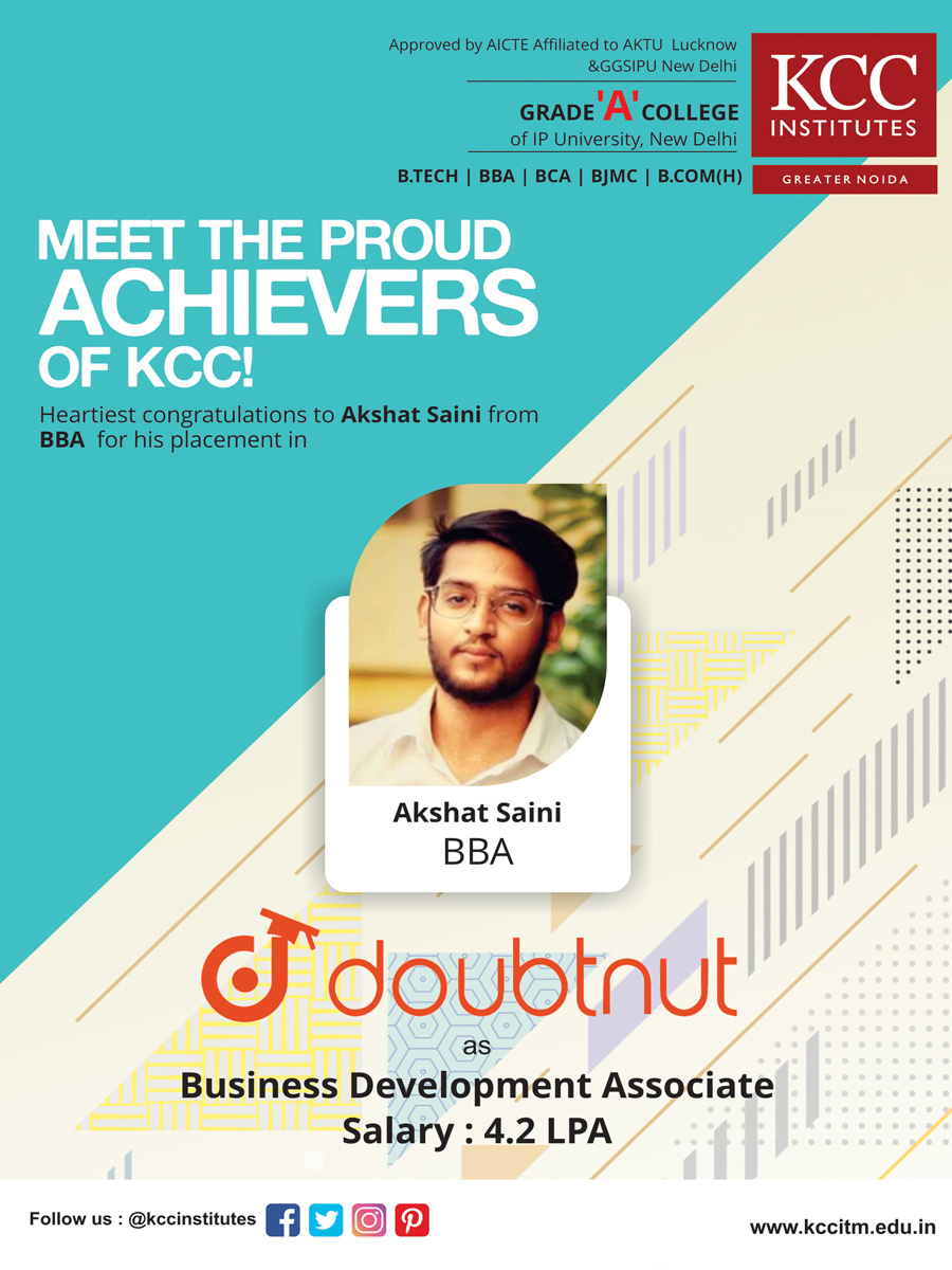 Congratulations Akshat Saini from BBA Branch for getting placed in Doubtnut as Business Development Associate.