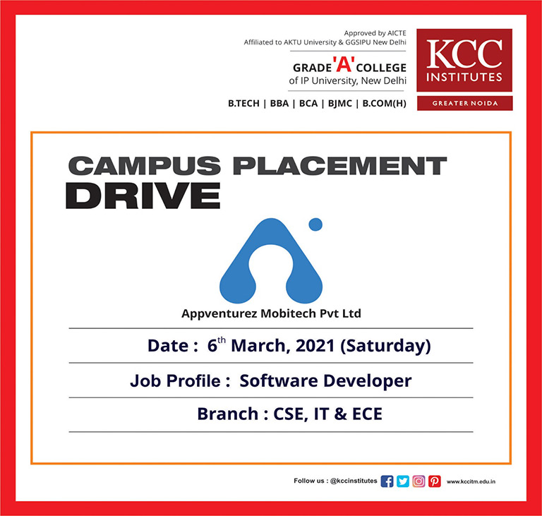 Campus Placement Drive for Appventurez Mobitech Pvt. Ltd. on 6th March 2021