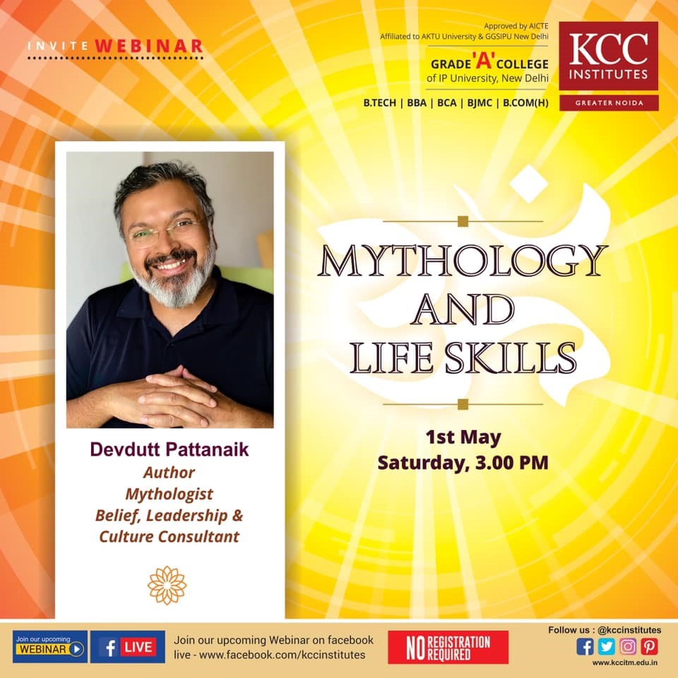 Mr. Devdutt Pattanaik, Author, Mythologist Belief, Leadership & Culture consultant for a webinar on "Mythology and Life Skills" Organized by KCC Institutes, Delhi-NCR, Greater Noida.
