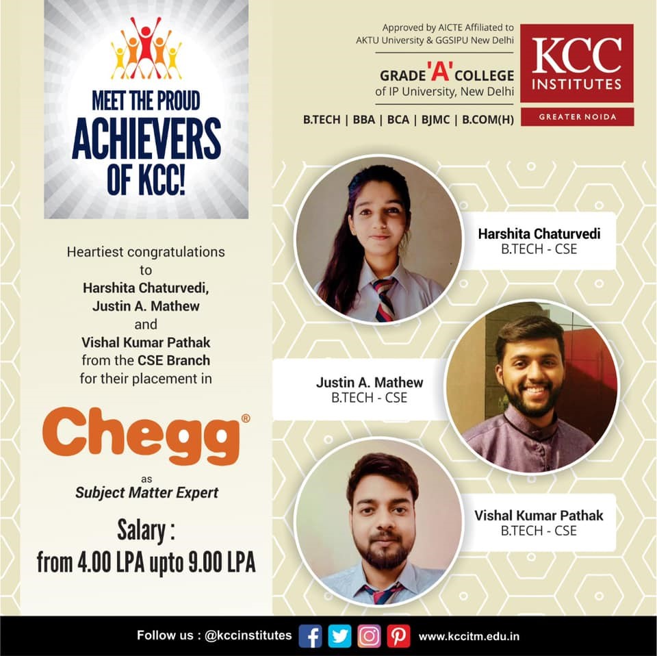 Congratulations to Harshita Chaturvedi, Justin A. Mathew and Vishal Kumar Pathak from Btech CSE Branch for getting placed in Chegg as Subject Matter Expert.