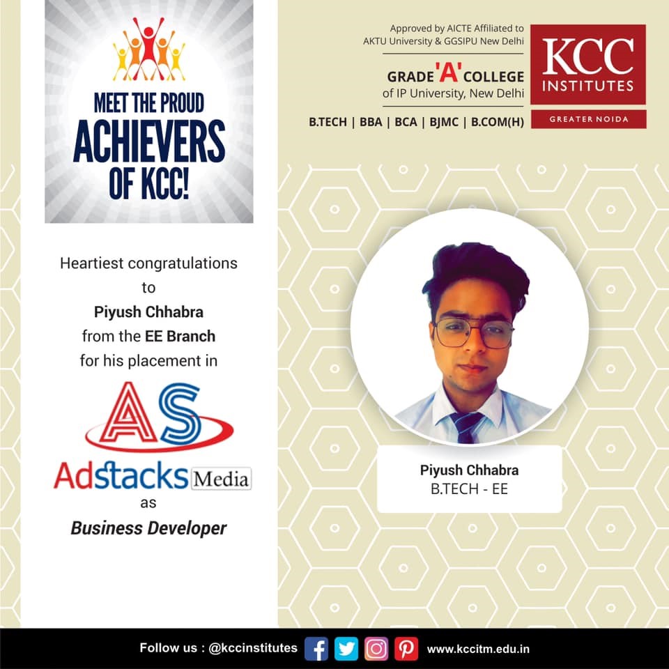 Congratulations Piyush Chhabra from Btech EE Branch for getting placed in Adstacks Media as business Developer.