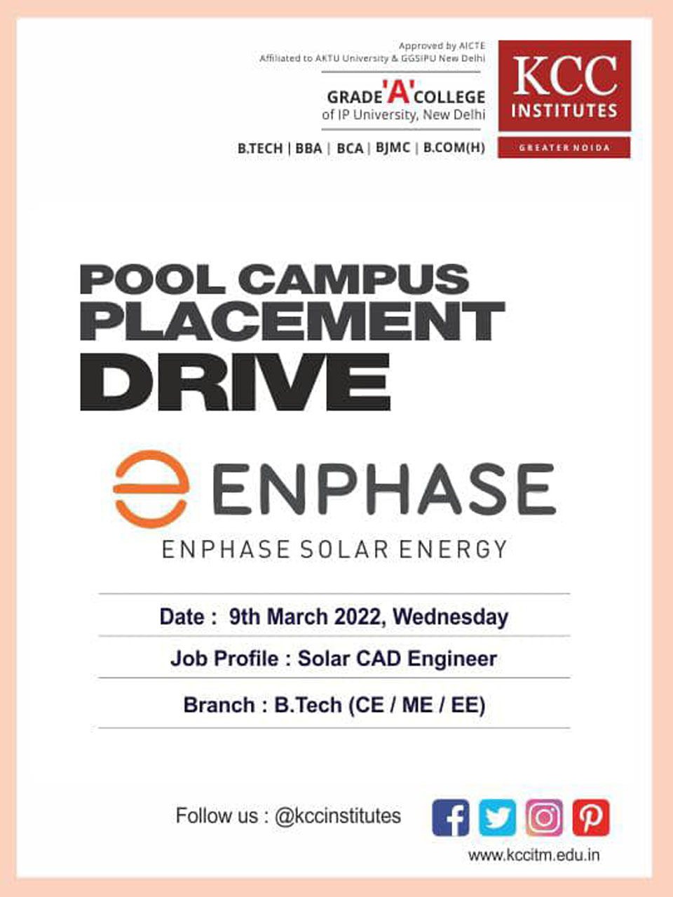 Pool Campus Placement Drive for Enphase Solar Energy on 9th March 2022 (Wednesday).