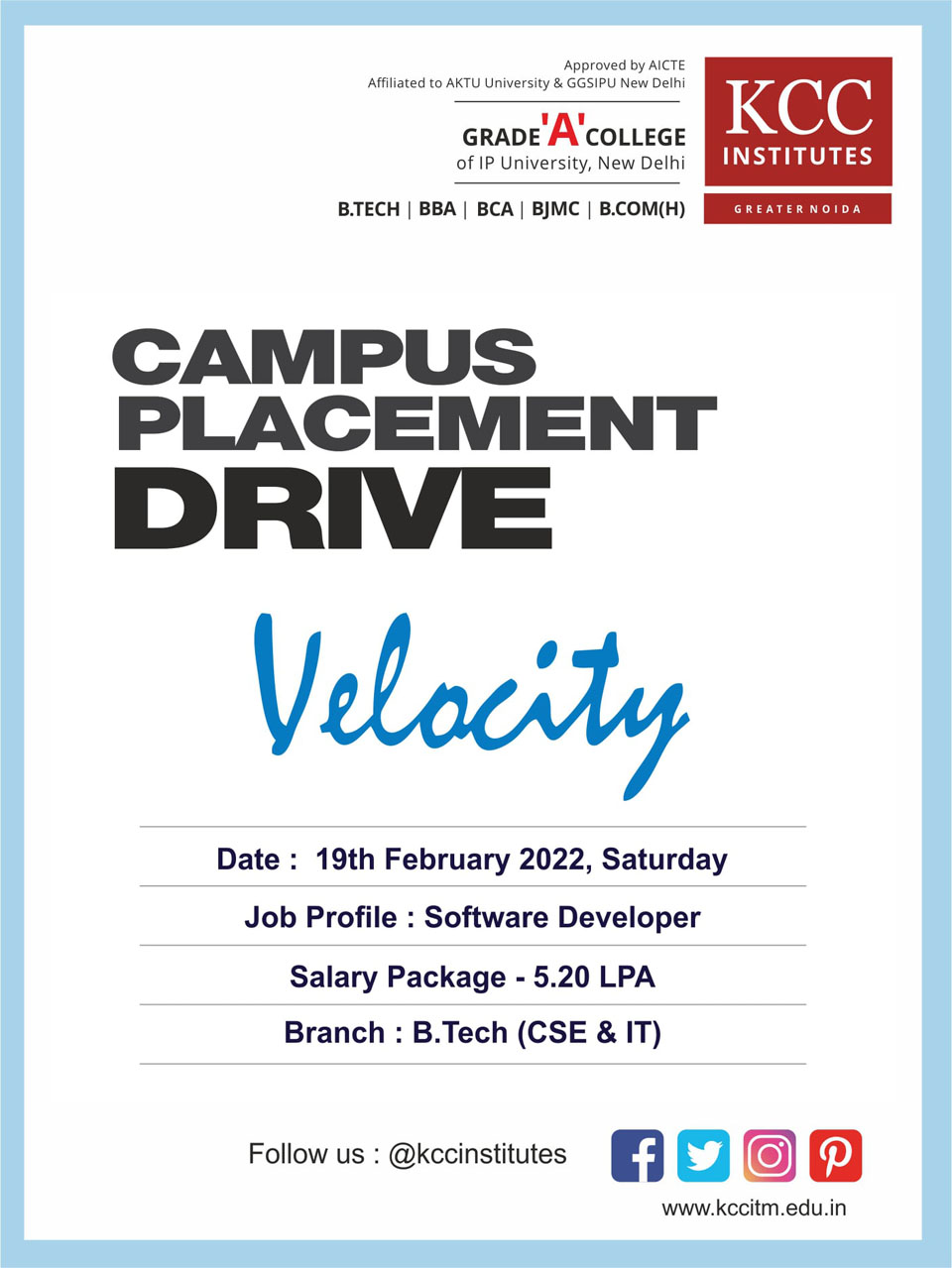 Campus Placement Drive for Velocity on 19th February 2022 (Saturday)