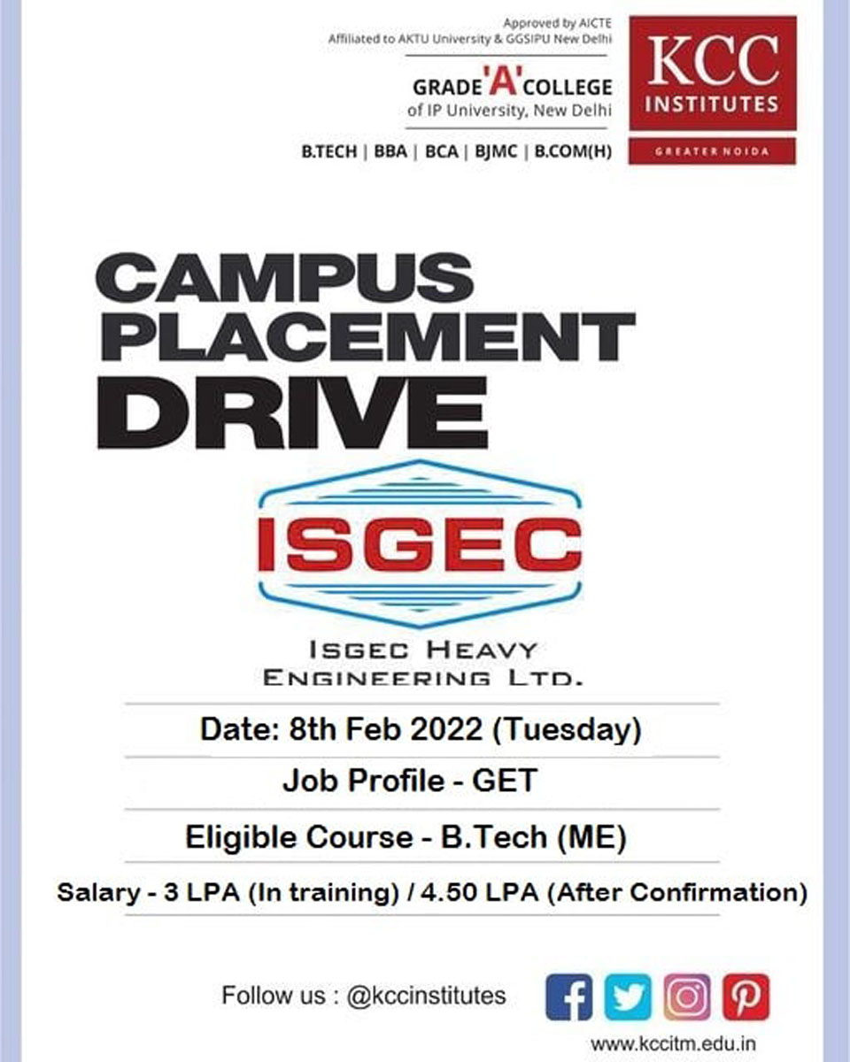 Campus Placement Drive for ISGEC Heavy Engineering Ltd. on 8th Feb 2022 (Tuesday)